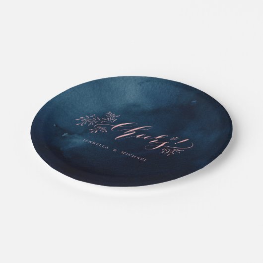 Navy blush kalligrafie juicht rustieke bloemenfees papieren bordje (Gekanteld)