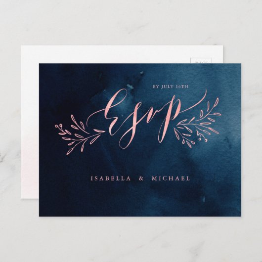 Navy blush kalligrafie rustieke bloemenbruiloft RS Uitnodiging Briefkaart (Voorkant / Achterkant)