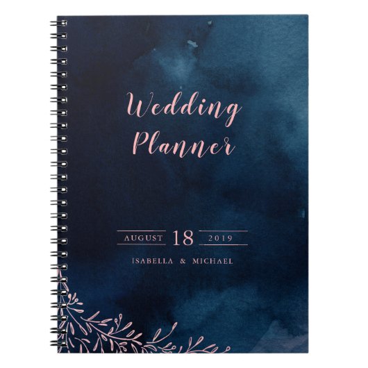 Navy blush kalligrafie rustieke bruiloft planner notitieboek (Voorkant)