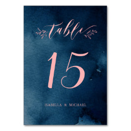 Navy blush kalligrafie rustieke bruiloft tafel num kaart