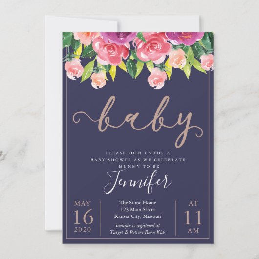 Navy Blush Magenta Floral Baby shower Invitation Kaart (Voorkant)