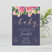 Navy Blush Magenta Floral Baby shower Invitation Kaart (Staand voorkant)