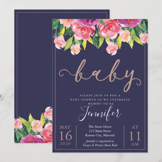 Navy Blush Magenta Floral Baby shower Invitation Kaart (Voorkant / Achterkant)