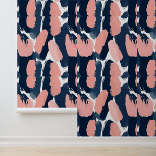 Navy & Blush Modern Abstracte penseelstreken Behang