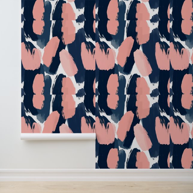 Navy & Blush Modern Abstracte penseelstreken Behang (Applicatie)