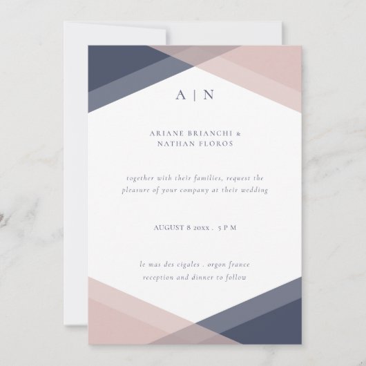 Navy Blush Modern Monogram Bruiloft Kaart (Voorkant)
