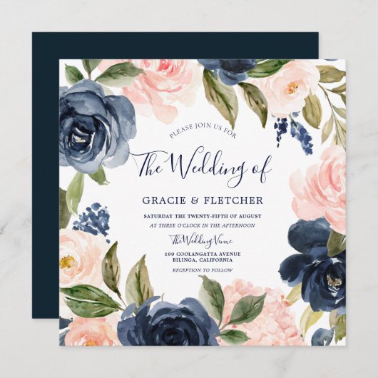Navy & Blush Modern Waterverf Flowers Wedding Kaart (Voorkant / Achterkant)