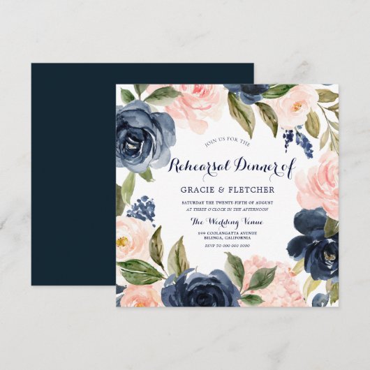 Navy & Blush Modern Wedding Rehearsal Dinner Kaart (Voorkant / Achterkant)
