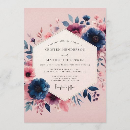 Navy Blush Moody Bloom Wedding Kaart (Voorkant)