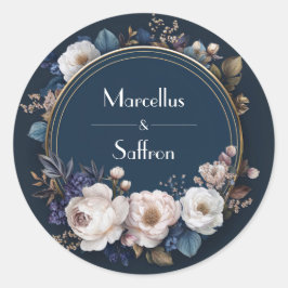 Navy & Blush Peony Bloemen Rond Huwelijk Sticker