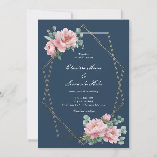 Navy Blush Peony Gold Frame Wedding  Kaart (Voorkant)