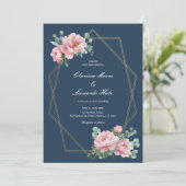 Navy Blush Peony Gold Frame Wedding  Kaart (Staand voorkant)