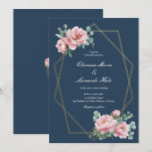 Navy Blush Peony Gold Frame Wedding  Kaart (Voorkant / Achterkant)