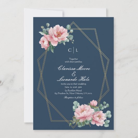 Navy Blush Peony Gold Frame Wedding  Kaart (Voorkant)