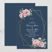 Navy Blush Peony Gold Frame Wedding  Kaart (Voorkant / Achterkant)