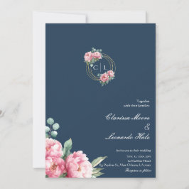 Navy Blush Peony Photo Wedding  Kaart