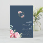 Navy Blush Peony Photo Wedding  Kaart (Staand voorkant)