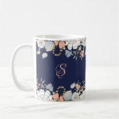 Navy Blush Pink Blue Floral Monogram op maat Koffiemok (Links)