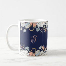 Navy Blush Pink Blue Floral Monogram op maat Koffiemok