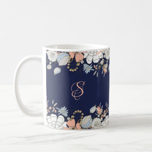 Navy Blush Pink Blue Floral Monogram op maat Koffiemok (Links)