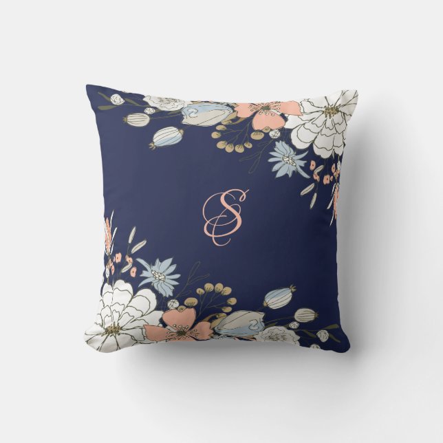 Navy Blush Pink Blue Floral Monogram op maat Kussen (Voorkant)
