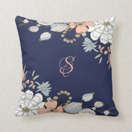 Navy Blush Pink Blue Floral Monogram op maat Kussen