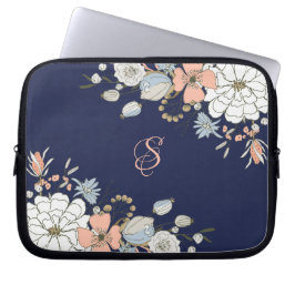 Navy Blush Pink Blue Floral Monogram op maat Laptop Sleeve