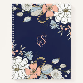Navy Blush Pink Blue Floral Monogram op maat Notitieboek