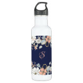 Navy Blush Pink Blue Floral Monogram op maat Waterfles (Voorkant)