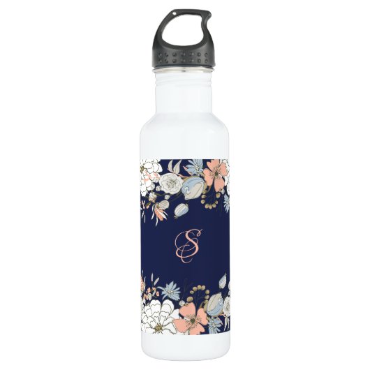 Navy Blush Pink Blue Floral Monogram op maat Waterfles (Voorkant)