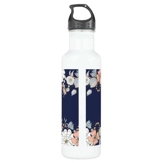 Navy Blush Pink Blue Floral Monogram op maat Waterfles (Achterkant)
