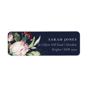 NAVY BLUSH PINK BURGUNDY PROTEA FLORAL ADRES ETIKET