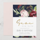 NAVY BLUSH PINK BURGUNDY PROTEA FLORAL WATERVERF SAVE THE DATE (Voorkant / Achterkant)