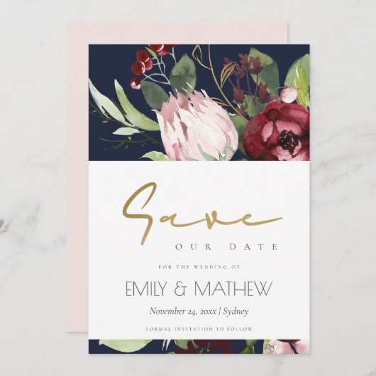 NAVY BLUSH PINK BURGUNDY PROTEA FLORAL WATERVERF SAVE THE DATE (Voorkant / Achterkant)