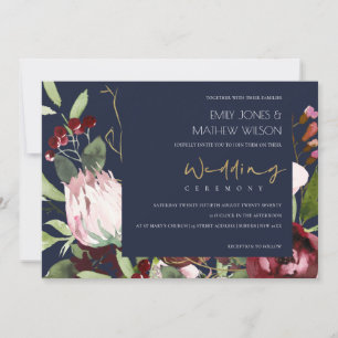NAVY BLUSH PINK BURGUNDY PROTEA FLORAL WEDING KAART