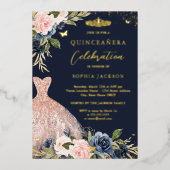 Navy Blush Pink Floral Dress Quinceanera Folie Uitnodiging (Voorkant)