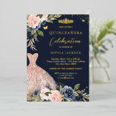 Navy Blush Pink Floral Dress Quinceanera Folie Uitnodiging (Staand Voorkant)