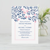 Navy Blush Pink Floral Leaves Waterverf Weddenscha Kaart (Staand voorkant)