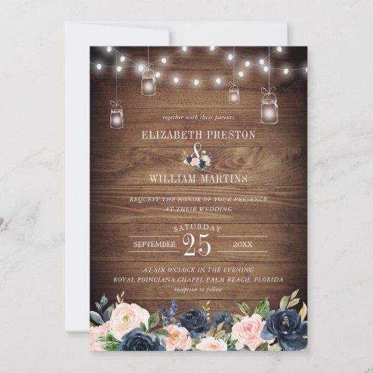 Navy Blush Pink Floral Rustic Barn Wood Weddenscha Kaart (Voorkant)
