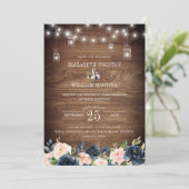 Navy Blush Pink Floral Rustic Barn Wood Weddenscha Kaart (Staand voorkant)