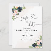 Navy & Blush Pink Floral Save The Date Kaart (Voorkant)