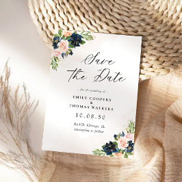 Navy & Blush Pink Floral Save The Date Kaart