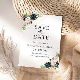 Navy & Blush Pink Floral Save The Date Kaart