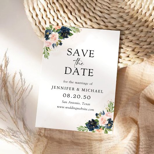 Navy & Blush Pink Floral Save The Date Kaart