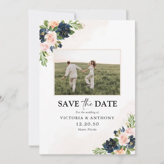 Navy & Blush Pink Floral Save The Date met Foto (Voorkant)