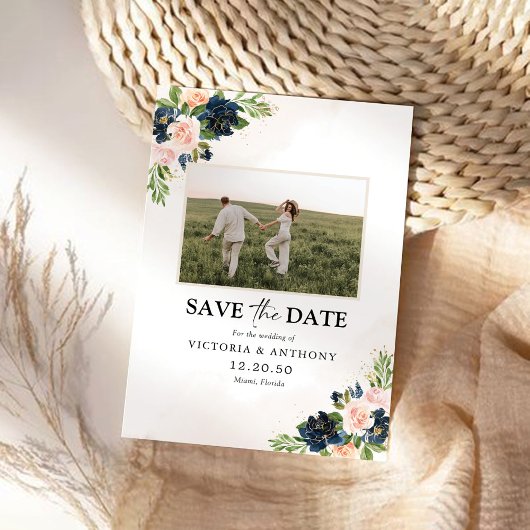 Navy & Blush Pink Floral Save The Date met Foto