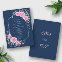 Navy Blush Pink Floral Waterverf Monogram bruiloft