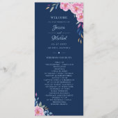Navy Blush Pink Floral Waterverf Monogram bruiloft Programmakaart (Voorkant)
