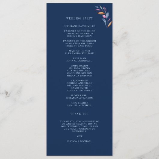 Navy Blush Pink Floral Waterverf Monogram bruiloft Programmakaart (Achterkant)