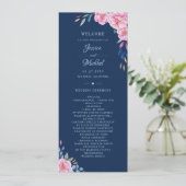 Navy Blush Pink Floral Waterverf Monogram bruiloft Programmakaart (Staand voorkant)
